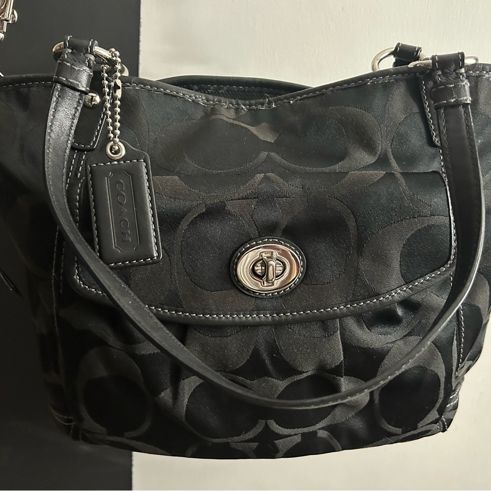 Coach Black Signature Shoulder Crossbody Tote Bag Signature C Jaquard Fabric